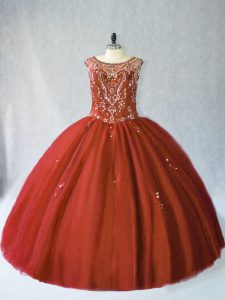 Cute Floor Length Rust Red Quinceanera Gown Scoop Sleeveless Lace Up