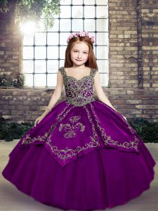 Beautiful Sleeveless Tulle Floor Length Lace Up Little Girls Pageant Gowns in Eggplant Purple and Purple with Embroidery