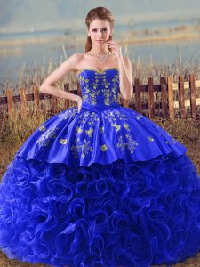 Delicate Royal Blue Sweetheart Lace Up Embroidery and Ruffles Vestidos de Quinceanera Brush Train Sleeveless