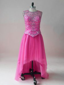 Trendy Sleeveless Tulle High Low Dress for Prom in Hot Pink with Beading