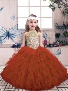 Wonderful Rust Red Lace Up Pageant Dress Beading and Ruffles Sleeveless Floor Length
