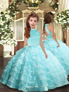 Floor Length Backless Girls Pageant Dresses Aqua Blue for Party and Sweet 16 and Wedding Party with Beading and Ruffled 