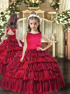Red Lace Up Little Girls Pageant Dress Sleeveless Floor Length Ruffled Layers