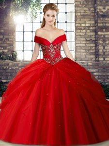 Red Sleeveless Tulle Brush Train Lace Up Quinceanera Dress for Military Ball and Sweet 16 and Quinceanera