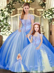 Elegant Beading and Ruffles 15th Birthday Dress Blue Lace Up Sleeveless Floor Length