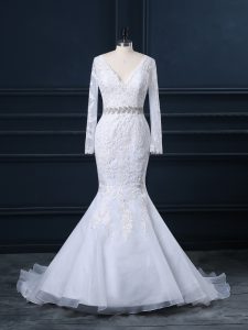 Shining White Long Sleeves Organza Brush Train Backless Wedding Dresses for Wedding Party