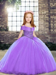 Lavender Ball Gowns Tulle Straps Sleeveless Beading Lace Up Kids Pageant Dress Brush Train