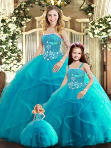 High Quality Sleeveless Floor Length Beading and Ruffles Lace Up Sweet 16 Dresses with Aqua Blue
