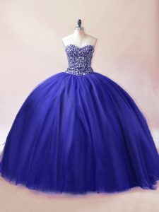 Royal Blue Ball Gowns Sweetheart Sleeveless Tulle Floor Length Lace Up Beading Quinceanera Dress