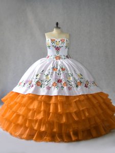 Customized Sleeveless Organza Floor Length Lace Up Sweet 16 Dresses in Orange with Embroidery and Ruffled Layers