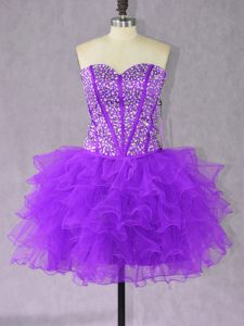 New Style Purple Lace Up Prom Party Dress Beading and Ruffles Sleeveless Mini Length