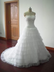 White Sleeveless Brush Train Beading and Ruffled Layers Wedding Dresses