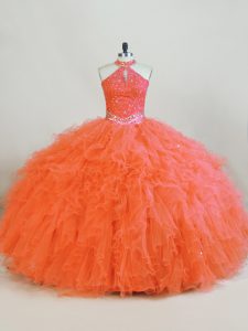 Orange Ball Gowns Beading and Ruffles 15 Quinceanera Dress Lace Up Tulle Sleeveless Floor Length