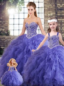 Dynamic Sleeveless Tulle Floor Length Lace Up Quince Ball Gowns in Lavender with Beading and Ruffles