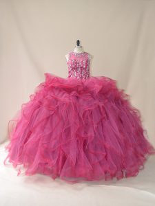 Delicate Sleeveless Brush Train Lace Up Beading and Ruffles Quinceanera Dress
