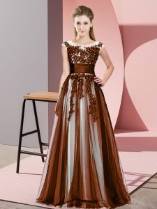 Tulle Scoop Sleeveless Zipper Beading and Lace Wedding Party Dress in Brown