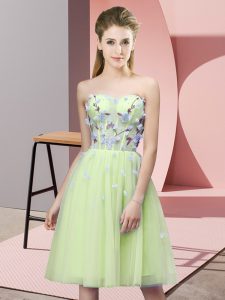 Elegant Yellow Green Sleeveless Knee Length Appliques Lace Up Bridesmaid Dresses