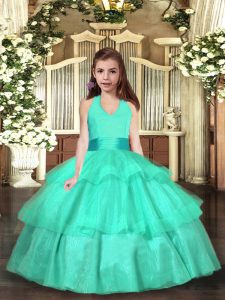 Turquoise Ball Gowns Organza Strapless Sleeveless Ruffled Layers Floor Length Lace Up Little Girl Pageant Gowns