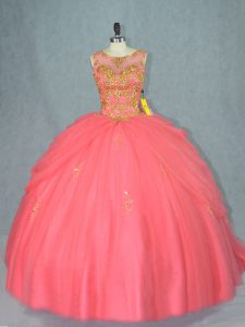 Watermelon Red Ball Gowns Tulle Scoop Sleeveless Beading Lace Up 15th Birthday Dress Brush Train
