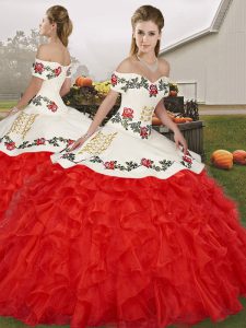 Luxurious White And Red Lace Up Off The Shoulder Embroidery and Ruffles Sweet 16 Dress Organza Sleeveless