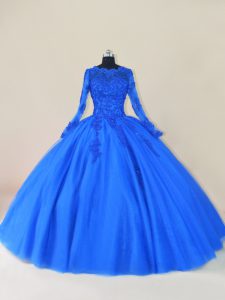 Fantastic Royal Blue Tulle Zipper Scalloped Long Sleeves Floor Length Quinceanera Dress Lace and Appliques