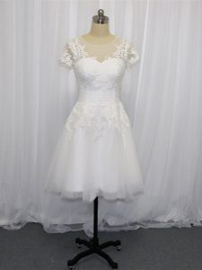 White Short Sleeves Tulle Zipper Bridal Gown for Wedding Party