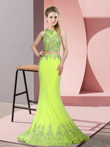 Excellent Yellow Green Mermaid Beading and Appliques Prom Party Dress Zipper Satin Sleeveless