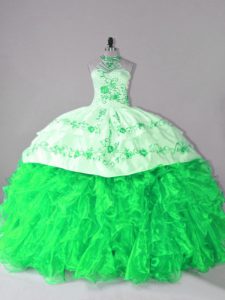 Enchanting Halter Top Neckline Embroidery and Ruffles Sweet 16 Dress Sleeveless Lace Up