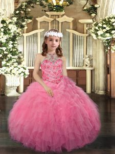 Most Popular Pink Lace Up Pageant Dresses Beading Sleeveless Floor Length