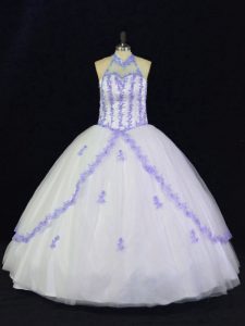 Cute White And Purple Halter Top Neckline Appliques 15 Quinceanera Dress Sleeveless Lace Up