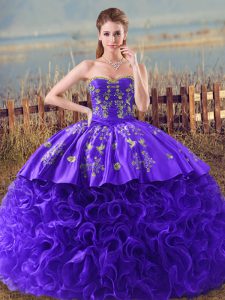 Sleeveless Fabric With Rolling Flowers Brush Train Lace Up Quince Ball Gowns in Purple with Embroidery and Ruffles