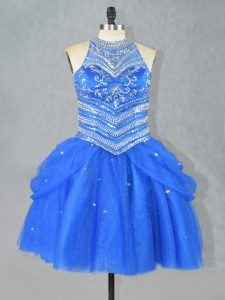 Blue Lace Up Halter Top Beading Dress for Prom Tulle Sleeveless
