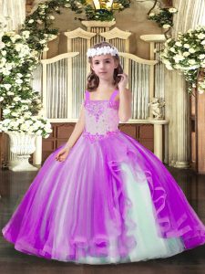 Lilac Tulle Lace Up Winning Pageant Gowns Sleeveless Floor Length Beading