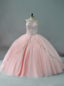 Sleeveless Beading Lace Up Quinceanera Gown with Peach