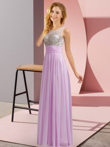 Hot Sale Floor Length Lavender Bridesmaids Dress Chiffon Sleeveless Beading