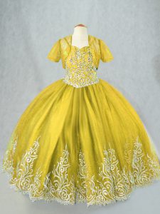 Olive Green Ball Gowns Tulle Spaghetti Straps Sleeveless Beading and Embroidery Floor Length Lace Up Pageant Gowns For G