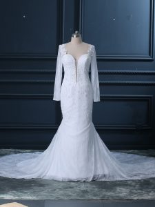 Tulle and Lace Sweetheart Long Sleeves Court Train Backless Beading and Lace Wedding Dresses in White