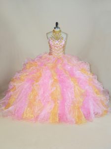 Multi-color Lace Up Quinceanera Dress Beading and Ruffles Sleeveless Floor Length