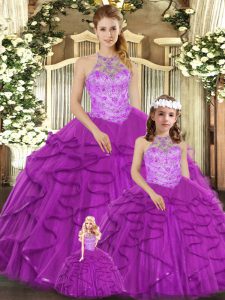 Hot Selling Floor Length Purple Quinceanera Gowns Halter Top Sleeveless Lace Up