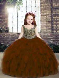 Brown Ball Gowns Tulle Straps Sleeveless Beading and Ruffles Floor Length Lace Up Pageant Gowns For Girls