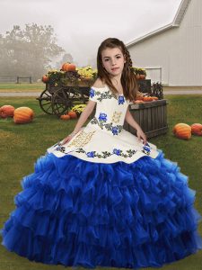Blue Little Girl Pageant Dress Party and Military Ball and Wedding Party with Embroidery and Ruffled Layers Straps Sleev