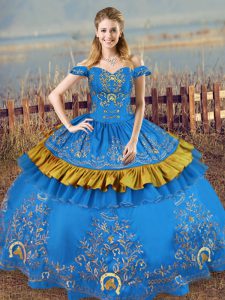 Most Popular Blue Off The Shoulder Neckline Embroidery Quinceanera Gowns Sleeveless Lace Up