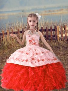 Customized Coral Red Organza Lace Up Halter Top Sleeveless Floor Length Little Girls Pageant Dress Beading and Embroider