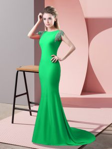 Green Mermaid High-neck Short Sleeves Elastic Woven Satin Brush Train Backless Beading Prom Party Dress