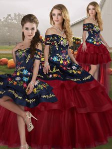 Super Wine Red 15th Birthday Dress Military Ball and Sweet 16 and Quinceanera with Embroidery and Ruffled Layers Off The