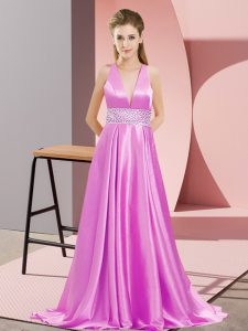 Lilac Prom Party Dress Elastic Woven Satin Brush Train Sleeveless Beading