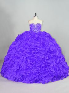 Pretty Purple Fabric With Rolling Flowers Lace Up Quinceanera Dress Sleeveless Court Train Beading