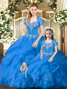 Blue Lace Up Sweetheart Beading and Ruffles Quinceanera Dress Tulle Sleeveless