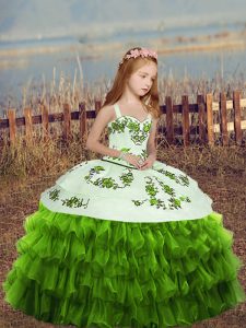Cute Green Organza Lace Up Straps Sleeveless Floor Length Pageant Dress for Teens Embroidery and Ruffled Layers