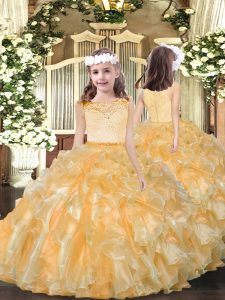 Beading and Ruffles Pageant Gowns For Girls Gold Zipper Sleeveless Floor Length